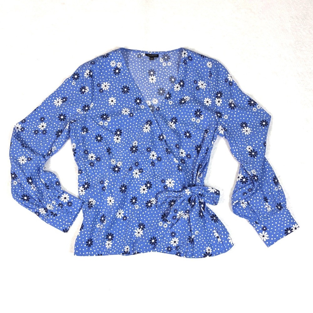 Talbots Wrap Top Viscose Floral Polka‎ Dot Blue Cottagecore Preppy Small